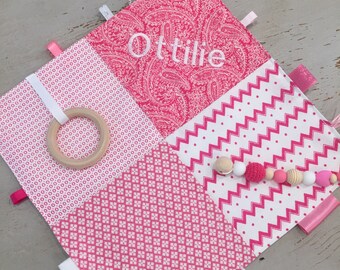 Taggie Blanket, Personalised, Fiddle Sensory Blanket, Silicon and Wood, Pink & White, Australian Handmade