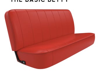 May include: Red vinyl car seat with a tufted back and a fold-down seat. The seat is labeled "THE BASIC BETTY".