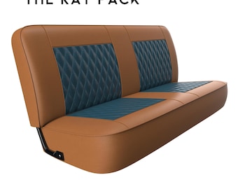 May include: A brown and teal bench seat with diamond stitching. The seat has a brown exterior with teal diamond-stitched inserts. The text "THE RAT PACK" is at the top of the image. The seat has a black metal frame.