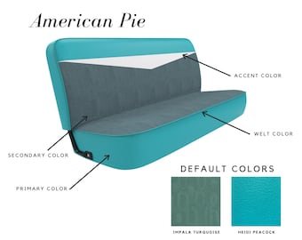 Könnte beinhalten: Eine türkisfarbene Sitzbank mit grauem Mittelteil und weißem Akzent. Der Sitz hat eine türkisfarbene Paspel und schwarze Metallstützen. Der Text "American Pie" steht oben im Bild. Standardfarben sind Impala Turquoise und Heidi Peacock.