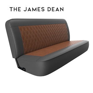 May include: A brown and gray bench seat with diamond-stitched upholstery. The seat is made of leather and has a black metal frame.