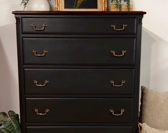 Matte Black Mid Century Modern Dresser | Solid Wood Chest of Drawers | Dark Painted Furniture with Wood Top | Vintage Style Bedroom Storage