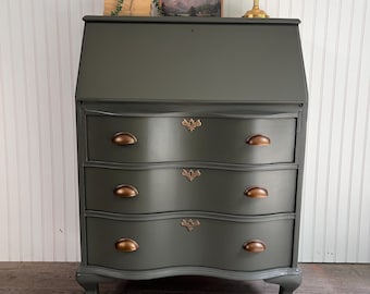 Vintage Secretary Desk in Olive Green | Refinished Writing Desk | Cottagecore Secretary Cabinet | Traditional Furniture