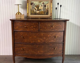 Antique Tiger Oak Dresser | Quarter Sawn Wood Grain | Curved Front Vintage Chest of Drawers | Refinished Wood Dresser | Solid Wood Furniture