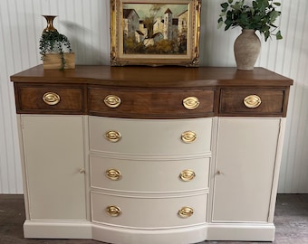 Curved Front Sideboard Buffet | Refinished Vintage Credenza | Solid Wood Top | Neutral Painted Cabinet | Entryway Storage Cabinet