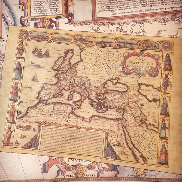Medieval Map Replica • A New Mappe of the Romane Empire, John Speed, 1626 • Handcrafted Print, Illuminated with Gold Paint, Beeswax Finish