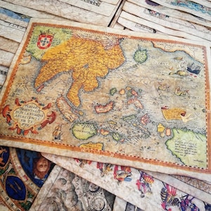 Mittelalterliche Kartenreplik • Südostasien, Abraham Ortelius, 1570 • Handgefertigter Druck, mit goldener Beleuchtung beleuchtet, mit Bienenwachs überzogen