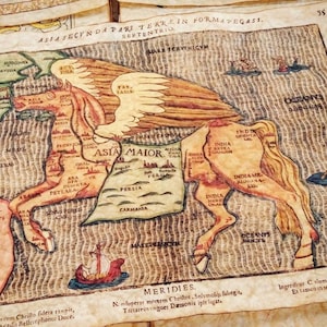 Mittelalterliche Kartenreplik • Asia Secunda in Forma Pegasi, Heinrich Wimpel, 1581 • Handgefertigter Kunstdruck, mit Goldfarbe beleuchtet, mit Bienenwachs überzogen