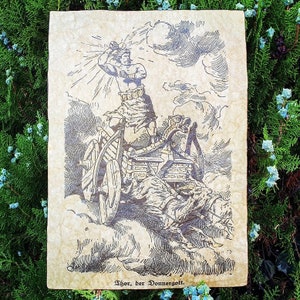 Mittelalter Kunstdruck • Thor, der Donnergott, Johannes Gehrts, 1890 • Handgefertigter Druck, mit Goldfarbe beleuchtet, mit Bienenwachs überzogen