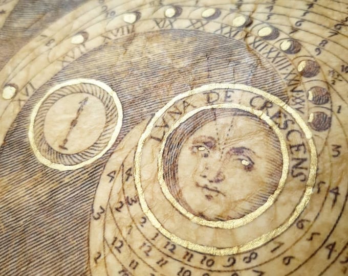 The Selenic Shadowdial • 1646, Athanasius Kirchner • Beeswax Finish, Burned Edges, Gold Paint • Handcrafted Medieval Art Replica