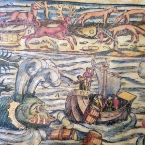 May include: Antique map illustration featuring a ship at sea, a sea monster, and deer. The map is colored with shades of brown, red, and blue. The text at the top reads "Occbii" and "Deerwunder ond selza".