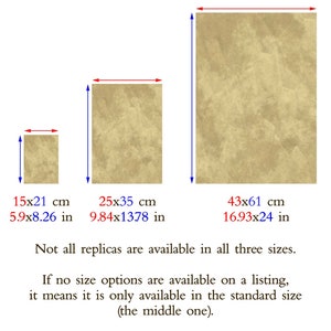 May include: Image showing three rectangular artworks in varying sizes, with dimensions in both inches and centimeters. The text indicates that not all replicas are available in all sizes, and the middle size is the standard option.
