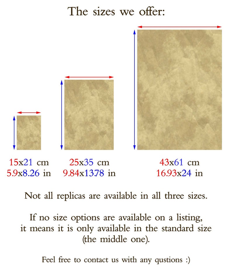 May include: Image showing three rectangular artworks in varying sizes, with dimensions in both inches and centimeters. The text indicates that not all replicas are available in all sizes, and the middle size is the standard option.