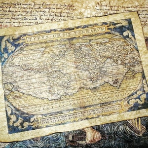 Mittelalterliche Kartenreplik • Typus Orbis Terrarum, Abraham Ortelius, 1570 • Handgefertigter Druck, mit Goldfarbe beleuchtet, mit Bienenwachs überzogen