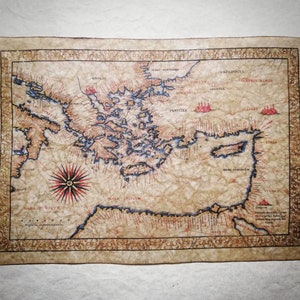 Mittelalterliche Landkarte • östliches Mittelmeer, Francesco Ghisolfi, 16.Jh. • Handgefertigter Druck, beleuchtet mit Goldfarbe, Bienenwachs-Finish