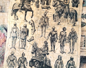 Może przedstawiać: Wydruk w stylu vintage z szczegółowymi ilustracjami średniowiecznych zbroi i rycerzy na koniach. Sepiowa grafika przedstawia różne elementy zbroi i pełne zbroje, oferując historyczny i edukacyjny motyw.