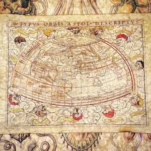 Mittelalterliche Landkarte • Typus Orbis, Ptol. Beschreibung, Münster, 1542 • Handgefertigter Druck, mit Goldfarbe bemalt, mit Bienenwachs überzogen
