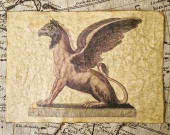 Vintage Mythology Art Replica • Griffin by Friedrich Justin Bertuch, 1806 • Handcrafted Print, Illuminated with Gold Paint, Beeswax Finish