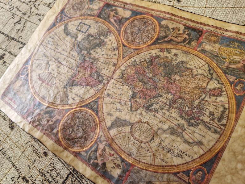 Medieval Map Replica • A New and Accurat Map of the World, John Speed, 1651 • Handcrafted Print, Illuminated with Gold Paint, Beeswax Finish