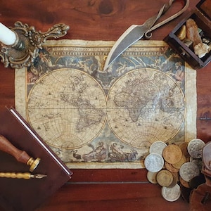 Mittelalterliche Kartenreplik • Nova etAccuratissima totius terrarum orbis tabula • Handgefertigter Druck, beleuchtet mit Goldfarbe, mit Bienenwachs überzogen