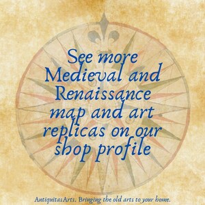 May include: A vintage-style image featuring a compass rose design with text in blue. The text reads "See more Medieval and Renaissance map and art replicas on our shop profile."