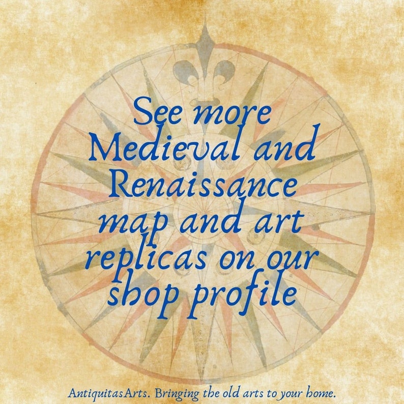 May include: A vintage-style image featuring a compass rose design with text in blue. The text reads "See more Medieval and Renaissance map and art replicas on our shop profile."