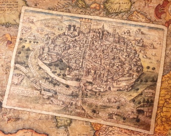 May include: A sepia-toned antique map print showing a detailed illustration of a walled city with towers and buildings. The map features handwritten text and decorative elements. It is set against a backdrop of a larger, older map with a vintage aesthetic.