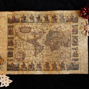 Mittelalterliche Kartenreplik • Weltkarte, Claes Janszoon Visscher, 1652 • Handgefertigter Kunstdruck, beleuchtet mit Goldfarbe, mit Bienenwachs überzogen
