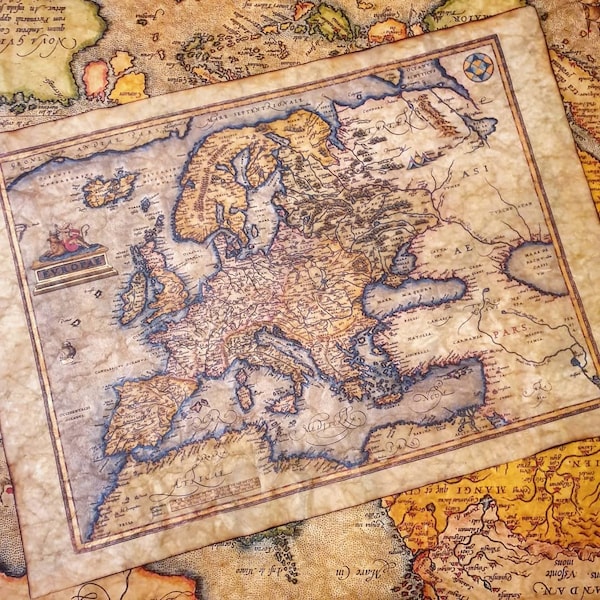 Medieval Map Replica • Europe, Abraham Ortelius, 1572 • Handcrafted Print, Illuminated with Gold Paint, Beeswax Finish