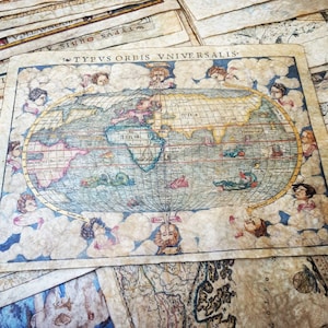 Mittelalterliche Kartenreplik • Typus Orbis Universalis, Sebastian Münster, 1550 • Handgefertigter Druck, mit Goldfarbe beleuchtet, mit Bienenwachs überzogen