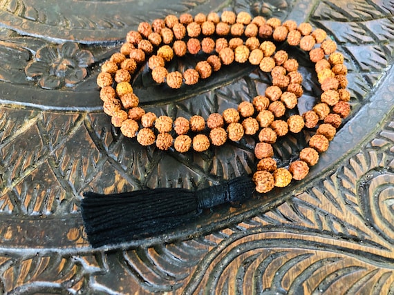 Lord Shiva Rudraksha Japa Mala 108 Beads Traditional Style Hand Knotted Mala  Purified & Blessed Long Black Tassel / Knots Tassel Mala 