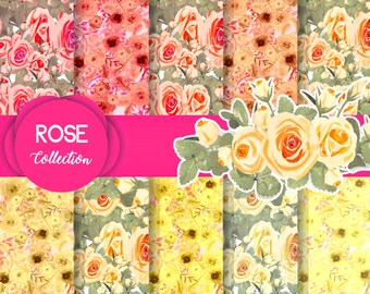 Rose Digital Paper, Rose paper pack, Roses paper, Scrapbook paper, Floral papers, Tan paper, Yellow paper, Orange paper, flowers paper set