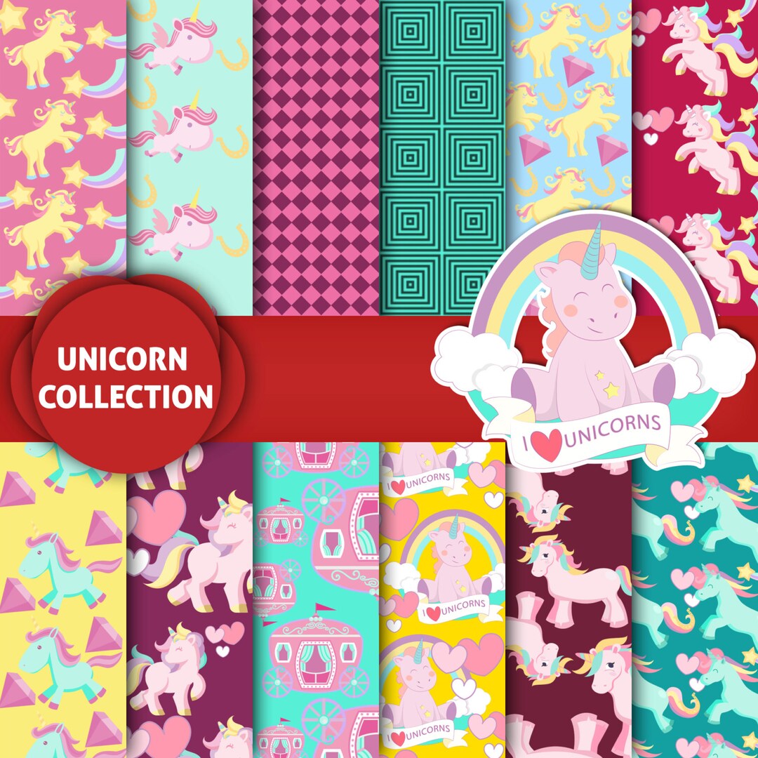 Unicorn Digital Paper Unicorn Scrapbooking Paper, Unicorns and Rainbows