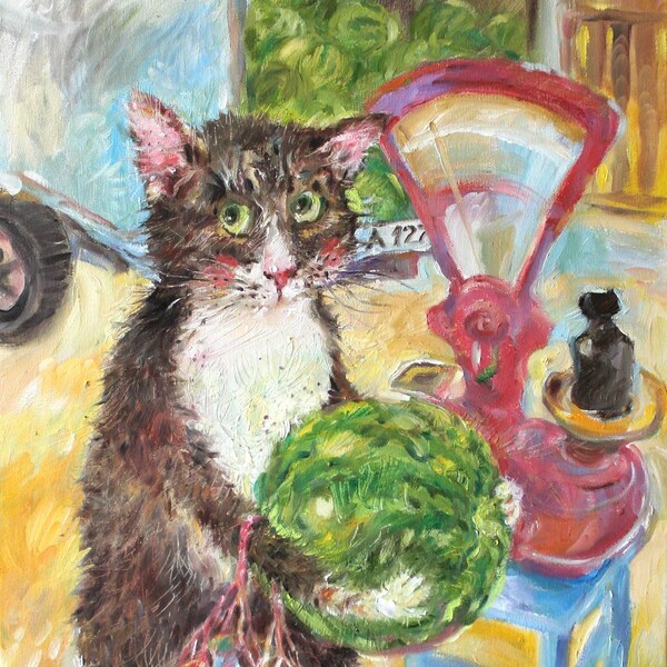 Original oil painting/cat with watermelon at the market/ whimsical cat portraits/ funny animals