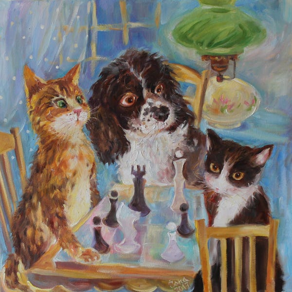 Original oil painting/whimsical animals/custom pet portrait/dog and cats playing chess/orange cat, black cat and spaniel