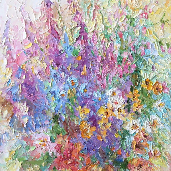 Purple BellFlowers Original Oil Painting On Canvas  Floral Thick Layers Pink Blue Lilac  Impressionism Unique Gift for Her