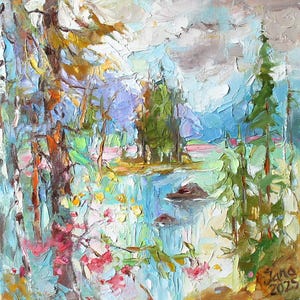 Maligne Lake and Spirit Island Landscape with Pine Trees and Mountains   Abstract Landscape   Original Oil Painting On Canvas  10&quot;X10&quot;