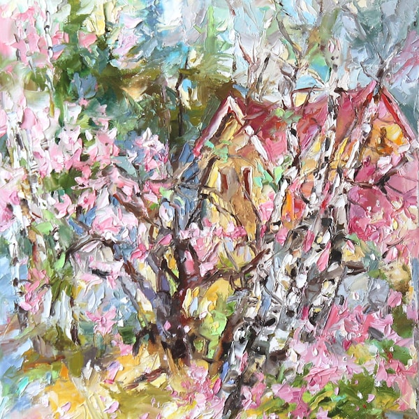 Spring Landscape with Blooming Apple Tree  Quebec Original Oil Painting