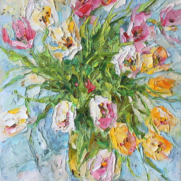 Little Bouquet of Beautiful Tulips  Original Oil Painting  On Canvas Impasto Palette Knife