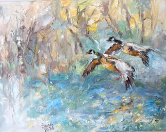 Flying Ducks Over Water – Original Impressionist Oil Painting – Thick Texture Canvas Art