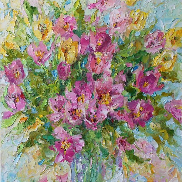 Bouquet of Pink and Yellow Tulips in Vase Original Oil Painting  On Canvas Impasto Palette Knife  Still life Wall Decor