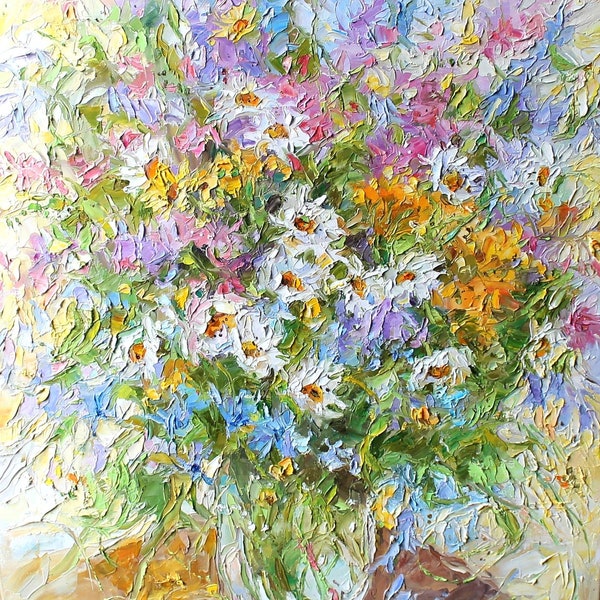 LARGE Still life with Daisies, Wild Flowers and Herbs Impasto, Impressionizm