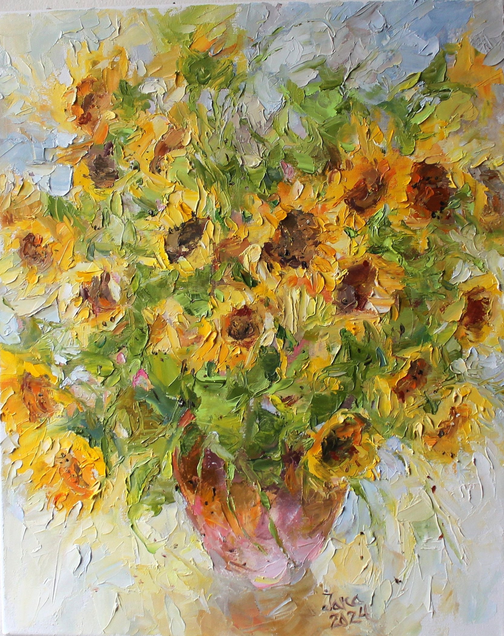 Sunflowers in Vase Still Life Impasto Impressionism Bouquet of Summer ...