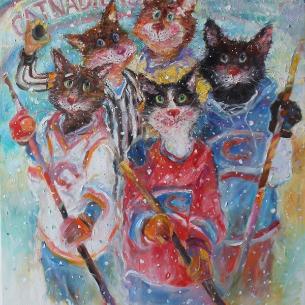 Hockey Cats Custom  Cat Portraits Funny Cats Hockey team Original oil painting Cats Having Fun in the Winter  Unique Gifts for Man