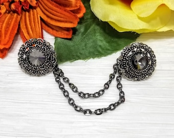 Antiqued Silver Sweater Clip: Filigree Gemstone Cardigan Guard