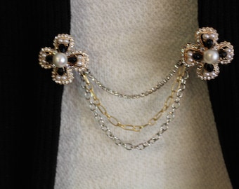 Gold Rhinestone and Faux Pearl Sweater Cardigan Clip, Collar Clip, Sweater Guard, Sweater Closure 5123