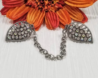 Leaf Antiqued Silver Rhinestone Sweater Cardigan Clip, Sweater Closure 5341