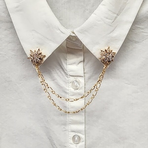 Gold Rhinestone Flower Collar Pin: Sweater Cardigan Chain Clip