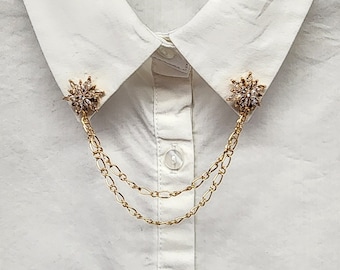 Gold Rhinestone Flower Collar Pin: Sweater Cardigan Chain Clip