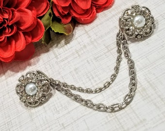 Rhinestone and Faux Pearl Flower Sweater Clip, Cardigan Clip, Collar Clip, Collar Pin, Sweater Guard, Sweater Closure 5103